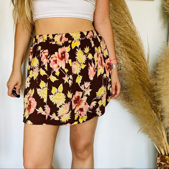 VINTAGE Y2K Brown Pink Floral Mini Skirt High Or Low Rise Elastic Loose Flowy L - Picture 3 of 9